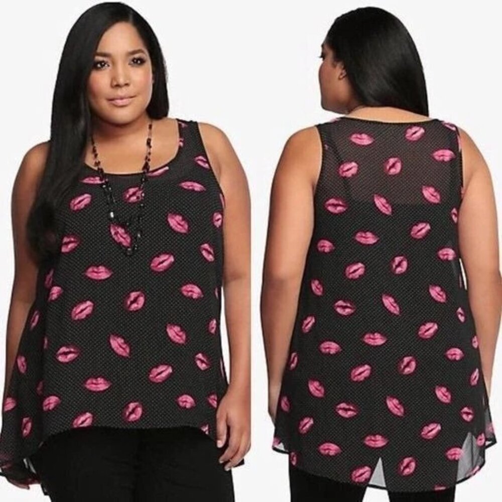 Torrid Tank Top Sleeveless Shirt Black Polka Dot- Semi sheer Pink Lips‎ 3 (3X)